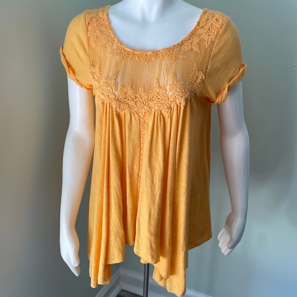 Free People Orange Lace Asymmetric T-Shirt